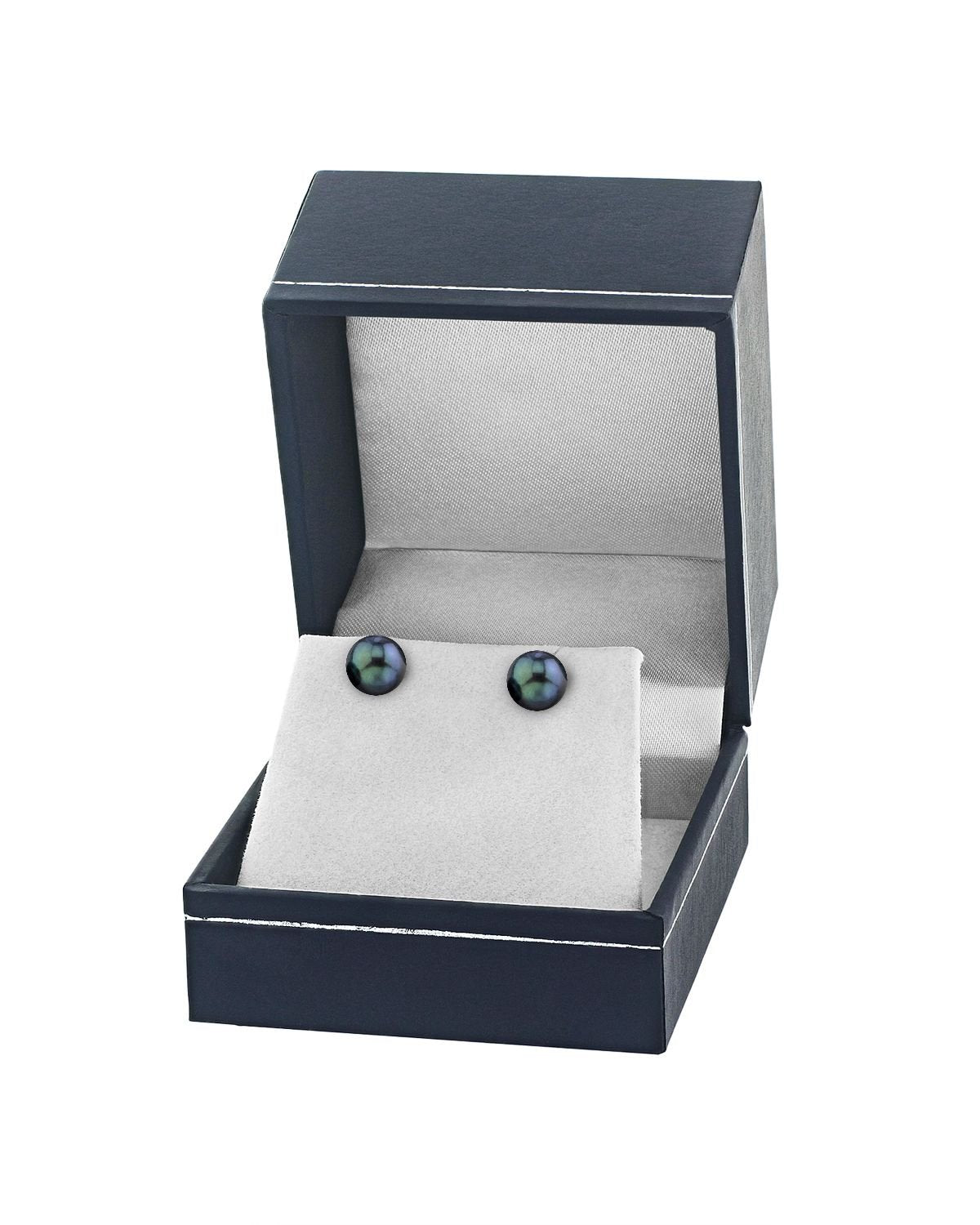 Elegant Black Akoya Round Pearl Stud Earrings, 7.0–8.0mm