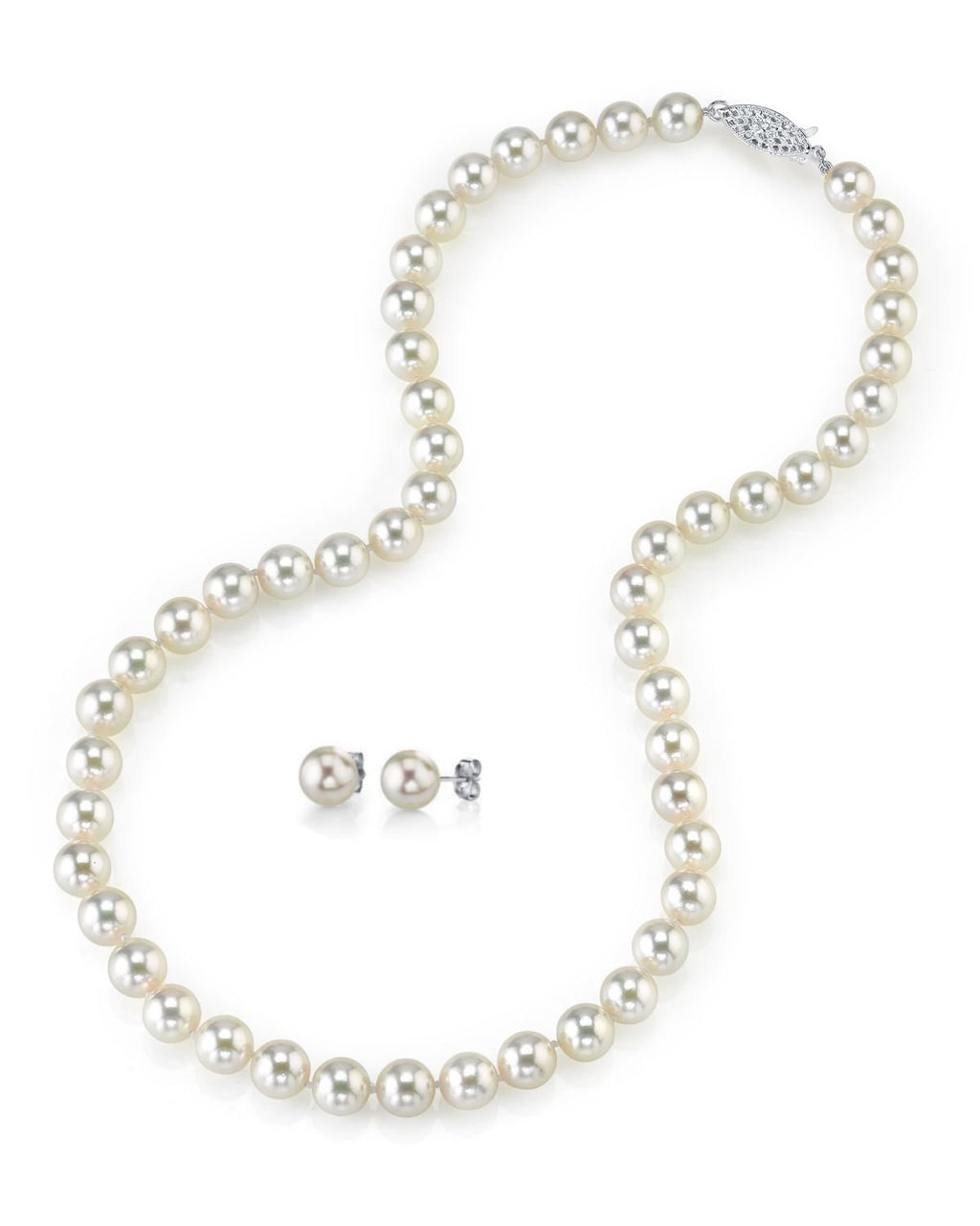 Elegant White Akoya Pearl Necklace & Earrings 2-Piece Set, 7.0–8.0mm