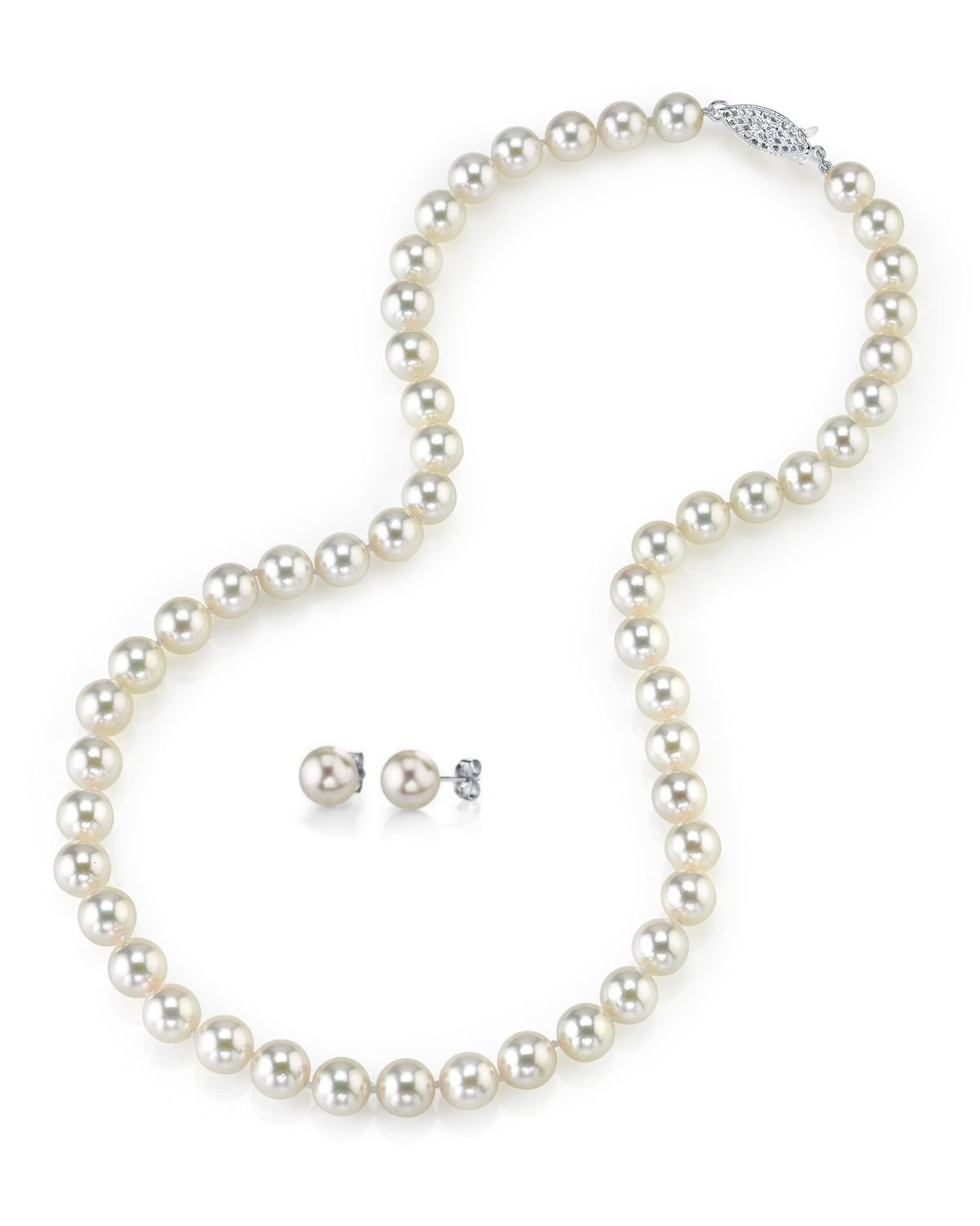 Elegant White Akoya Pearl Necklace & Earrings 2-Piece Set, 7.0–8.0mm