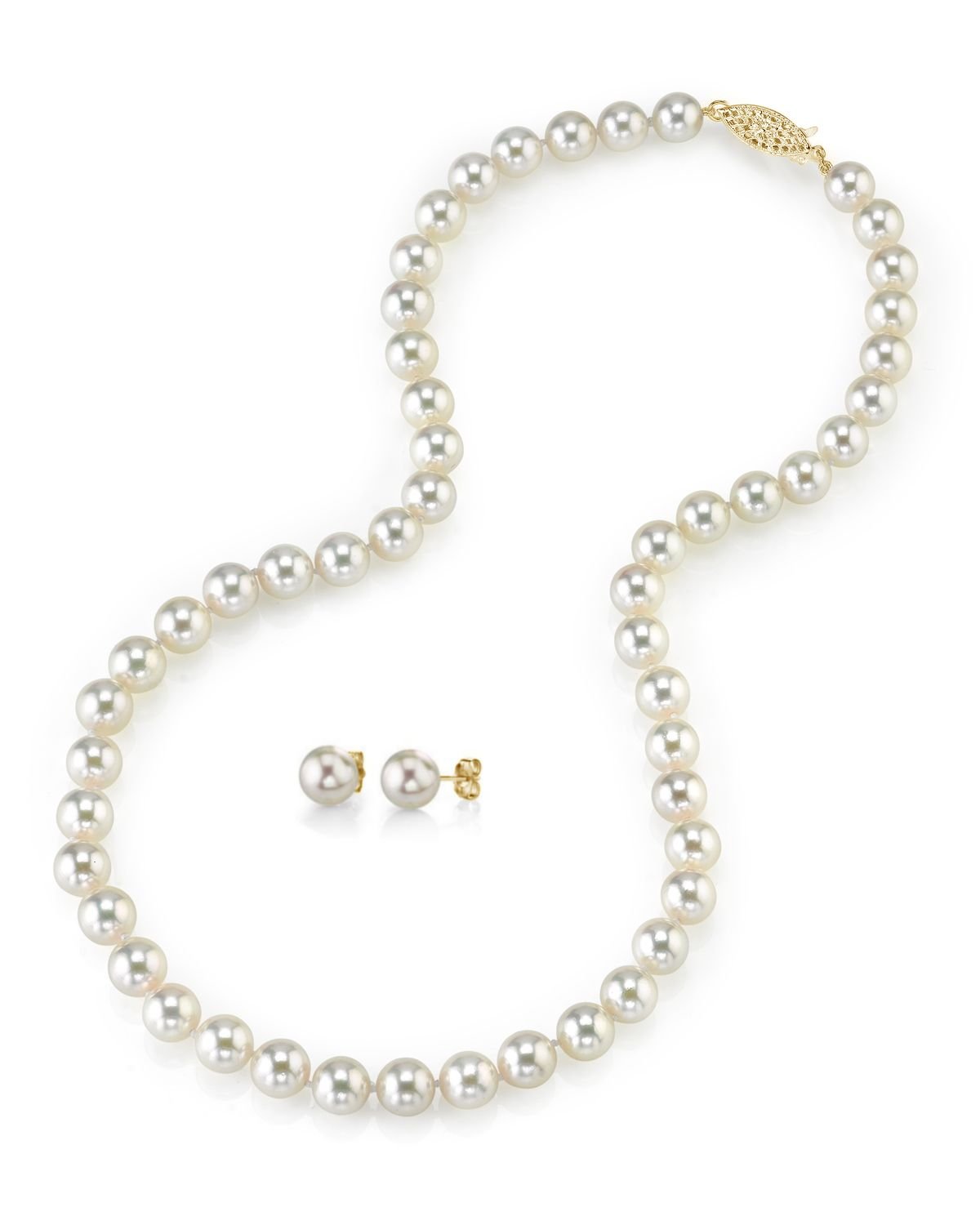 Elegant White Akoya Pearl Necklace & Earrings 2-Piece Set, 7.0–8.0mm