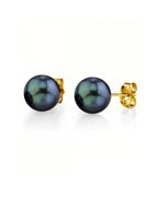 Elegant Black Akoya Round Pearl Stud Earrings, 7.0–8.0mm